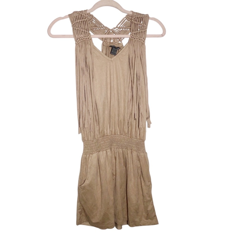 Fringed tan faux suede crochet back boho festival mini dress